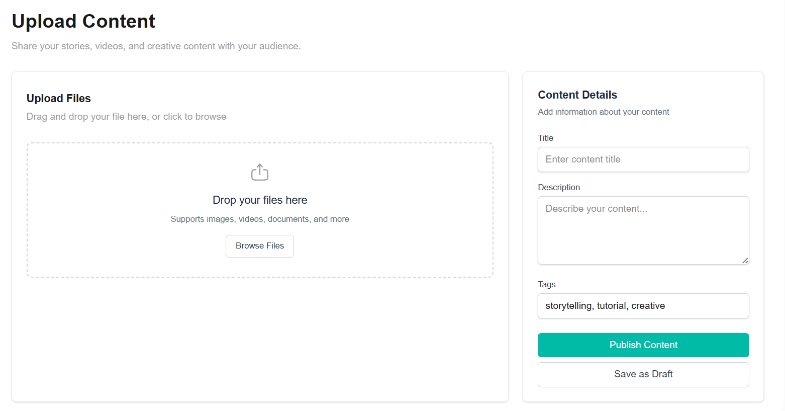 Story Coach upload content screen for adding appeals, reports, and interviews