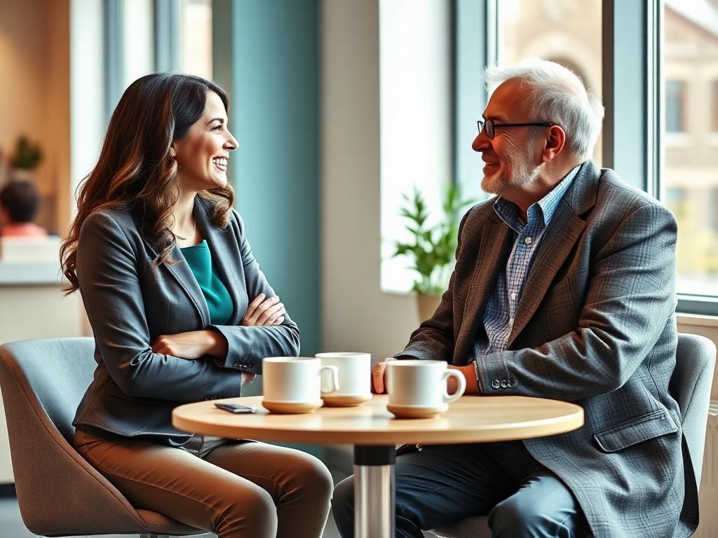 A fundraiser in conversation with a potential donor over coffee